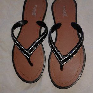 BLACK EMBELLISHED CLEAR BEADS STRAPS, BROWN SOLES, SANDALS, LADIES SIZE 9